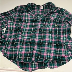 Victorias Secret Large Green Pink Plaid Long Sleeve Button Up Pajama Shirt